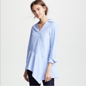 Club Monaco Blue 100% Cotton Nechar Asymmetrical Button Up With Ruffled Hem